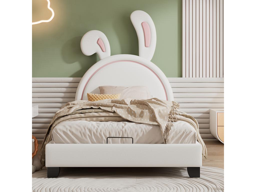 Lit coffre avec tête de lit lapin - 90x200cm - cuir PU - pour enfant - coloris blanc KKDA50822