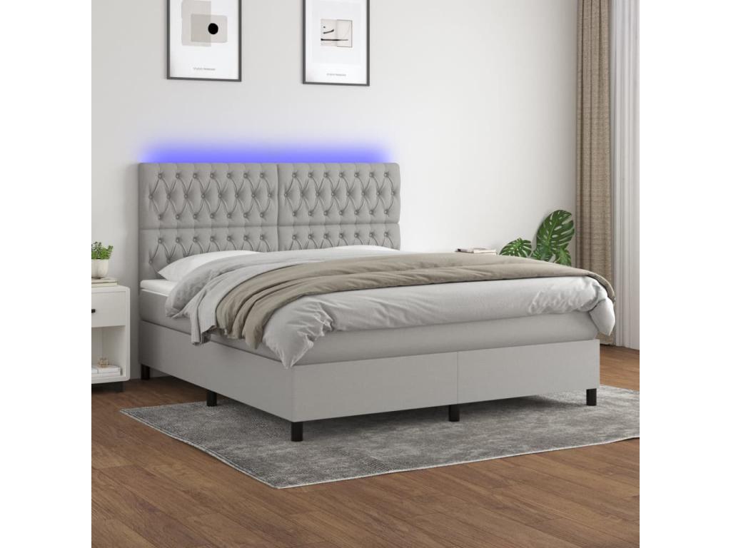 Sommier tapissier matelas et LED Gris clair 160x200 cm Tissu QKSB08885