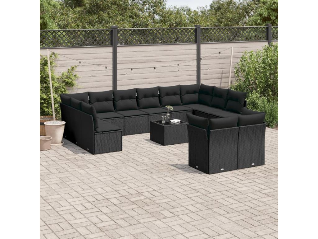 Salon de jardin avec coussins 13 pcs noir résine tressée EMZX03031