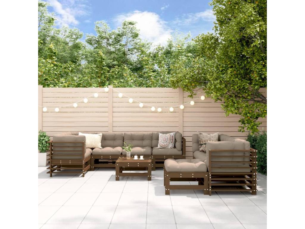 Salon de jardin 10 pcs avec coussins marron miel bois massif ZMSH84785