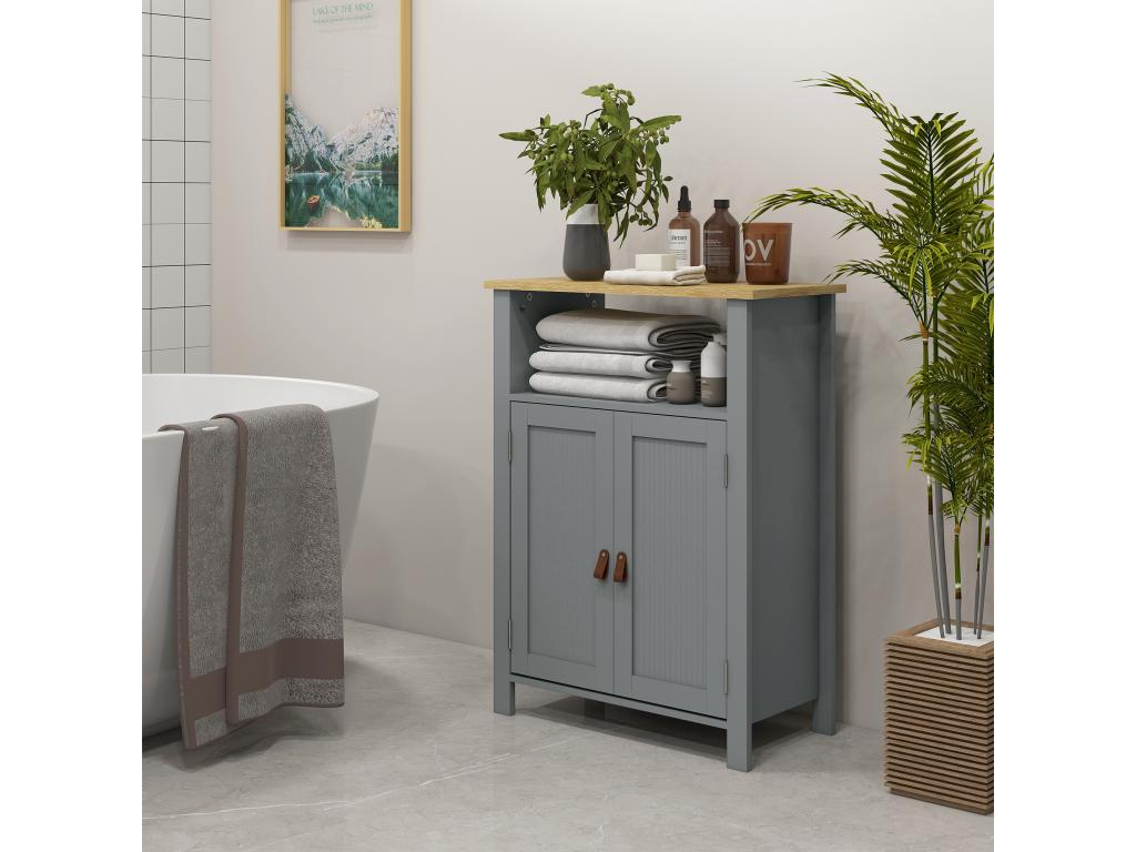 Meuble bas de salle de bain sur pied 2 portes étagère niche plateau aspect bois clair gris KPSA16021