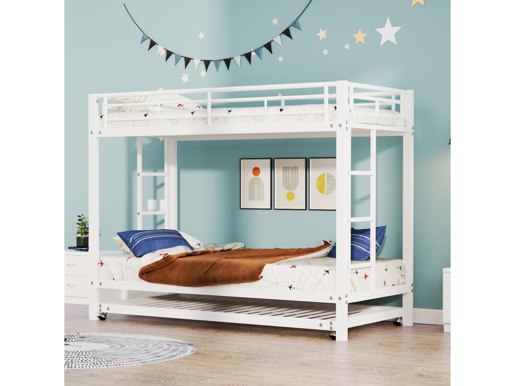 90x200 cm Lit superposé lit en fer lit pour enfant équipé d'un lit escamotable garde-corps hauts structure robuste blanc DVYP93794