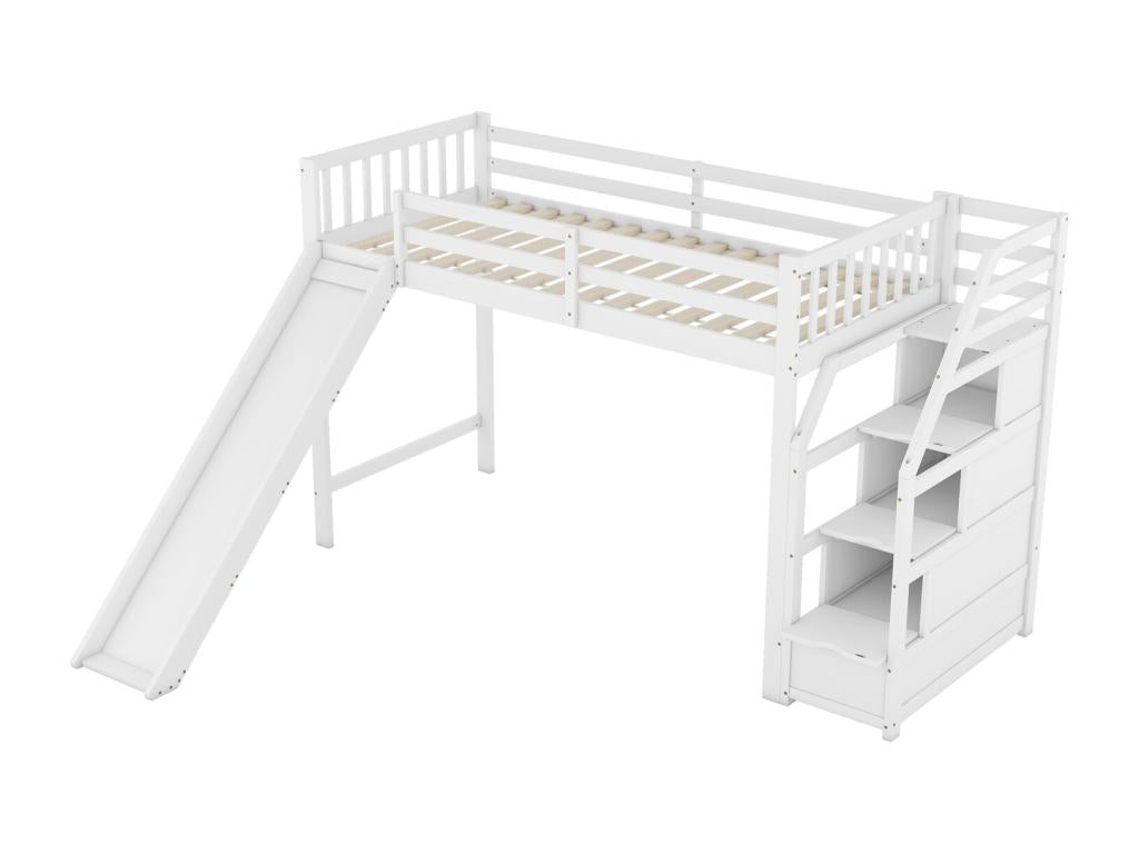 Lit mezzanine 90x200cm lit enfant avec toboggan échelle de rangement certifié EN747 blanc NXUI90203