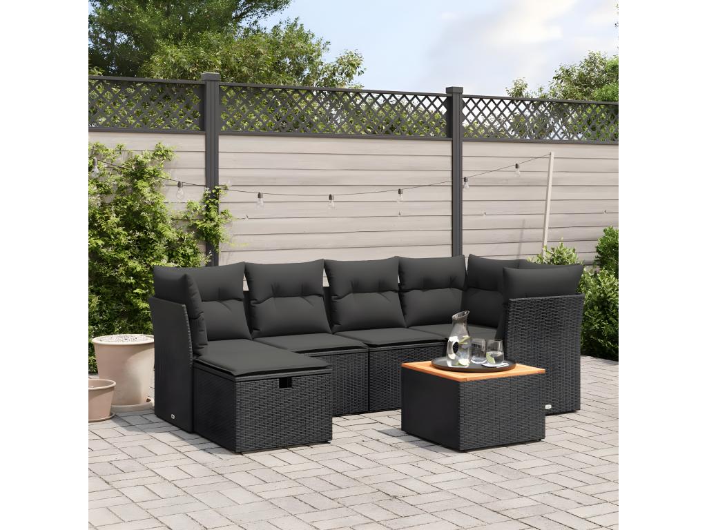 Salon de jardin 7 pcs avec coussins noir résine tressée XTVQ20001