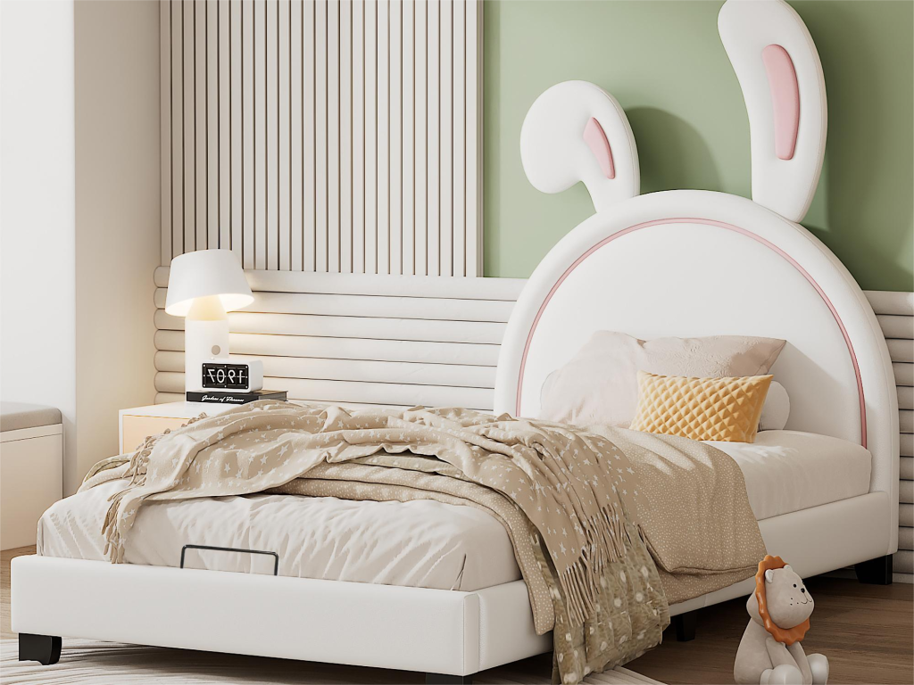 Lit coffre avec tête de lit lapin - 90x200cm - cuir PU - pour enfant - coloris blanc KKDA50822