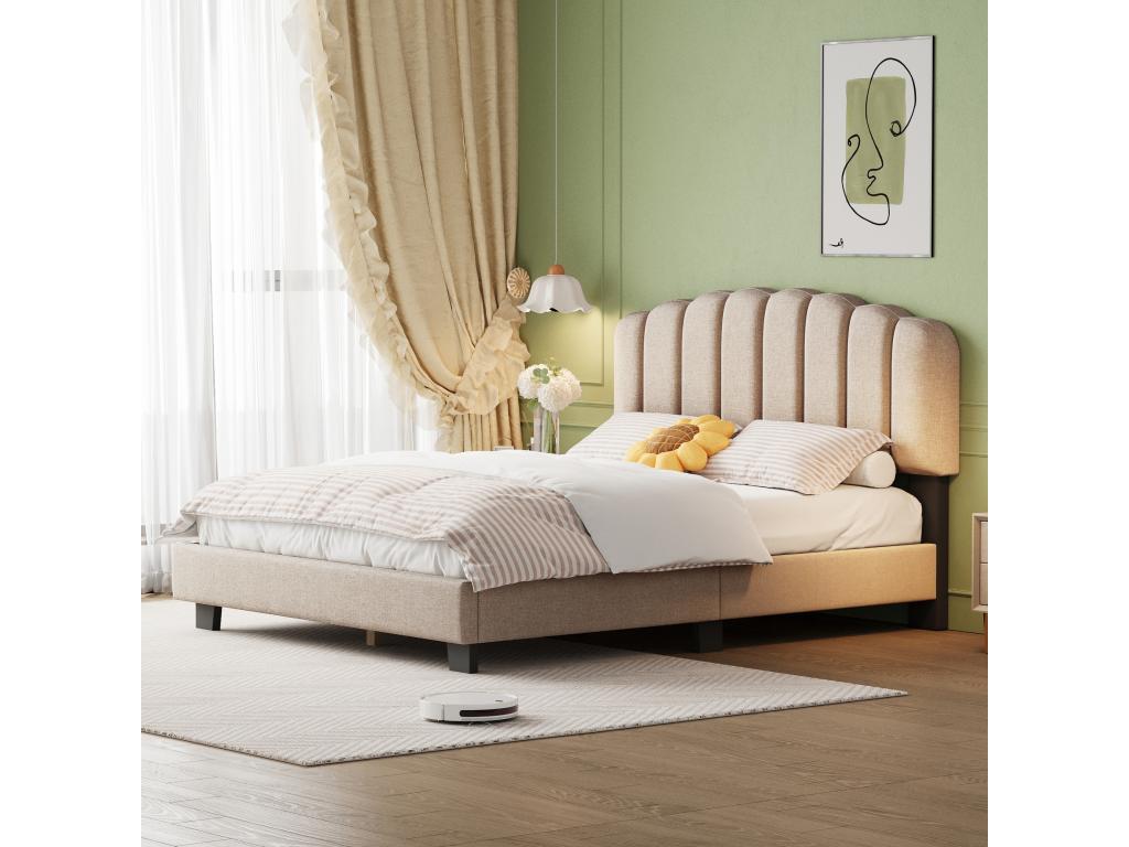 Lit capitonné 140x200 cm avec tête de lit réglable - Zensova en lin - Design coutures verticales - Beige foncé sans matelas FVJL49979