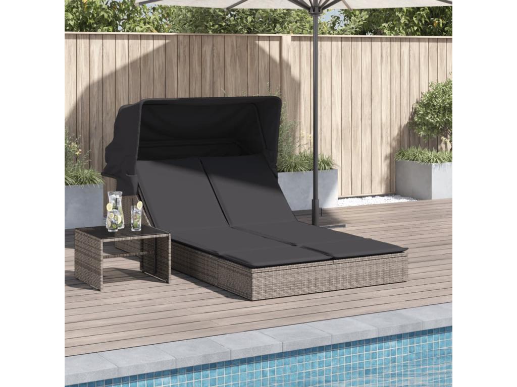 Chaise longue double et auvent et coussins gris résine tressée TMOB17238