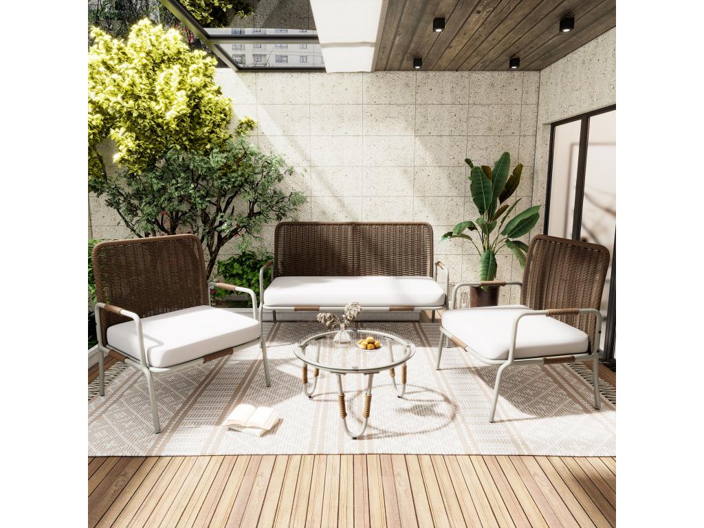 Ensemble de canapés de meubles de jardin pour 4 personnes avec fauteuils table basse et coussins beige blanc marron AEQI31678