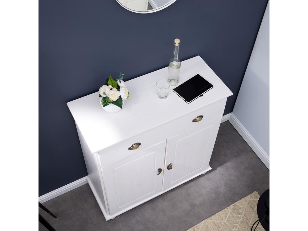 Buffet Zensova commode bahut vaisselier meuble bas rangement avec 1 tiroir et 2 portes en pin massif lasuré blanc TFBQ66308