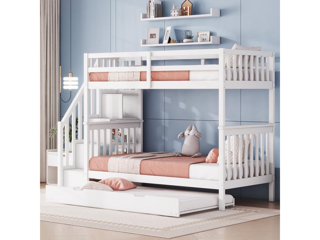 Lit superposé pour enfants cadre escalier avec lit gigogne barrières hautes blanc 90x200 cm MXHN09153