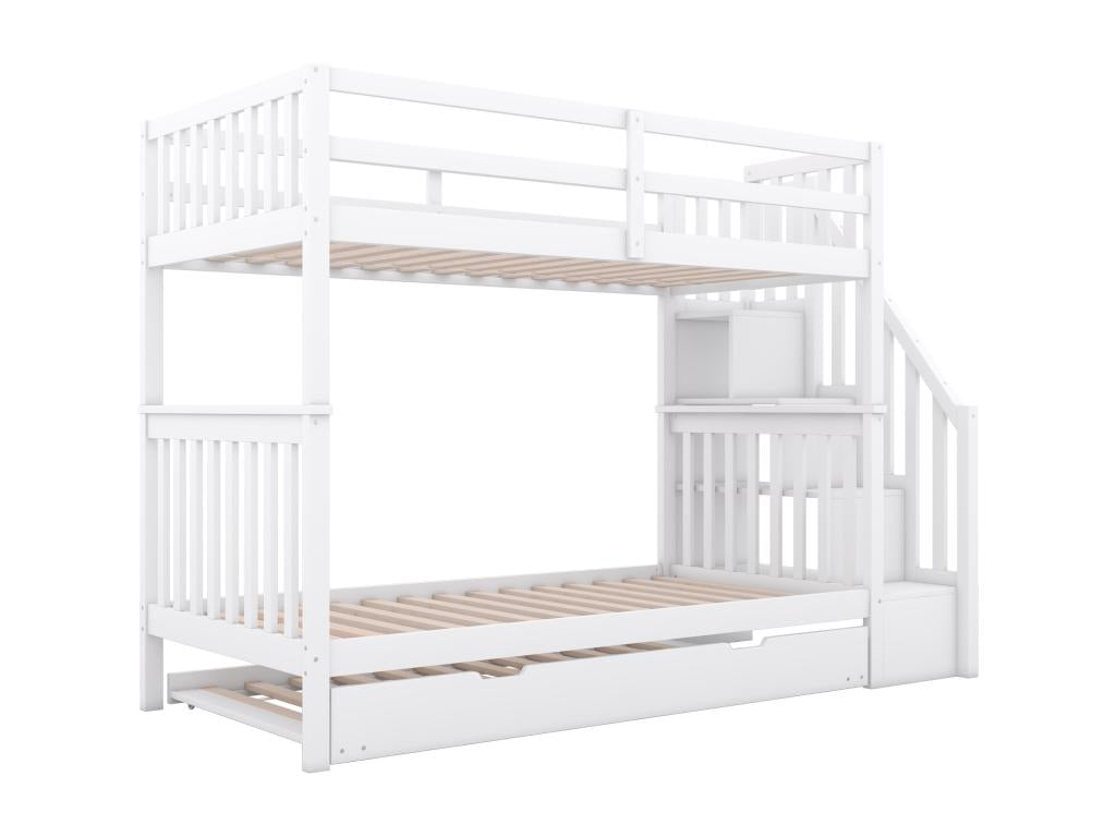 Lit superposé pour enfants cadre escalier avec lit gigogne barrières hautes blanc 90x200 cm MXHN09153