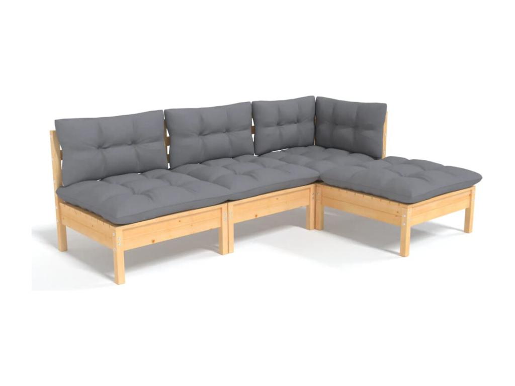 Salon de jardin 4 pcs avec coussins gris Bois de pin 4 CEMN48454