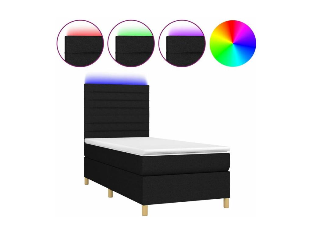 Sommier à Lumière de lit et matelas et LED Noir 90x200 Tissu GNLL69296