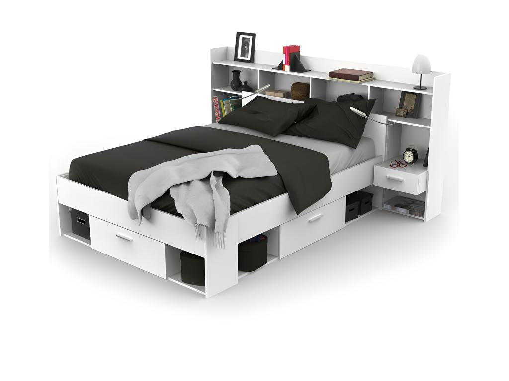 Lit 140x190/ 200 tête de lit avec rangements Blanc - Zensova MPIR58695