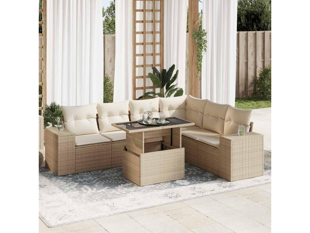 Salon de jardin avec coussins 7 pièces beige résine tressée EQTQ63078