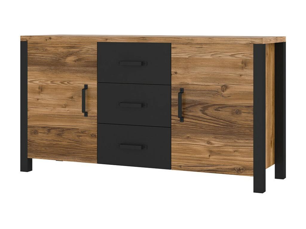 Buffet 150cm collection Lumenao- Couleur épicéa et noir- 2 portes et 3 tiroirs RBWP73862