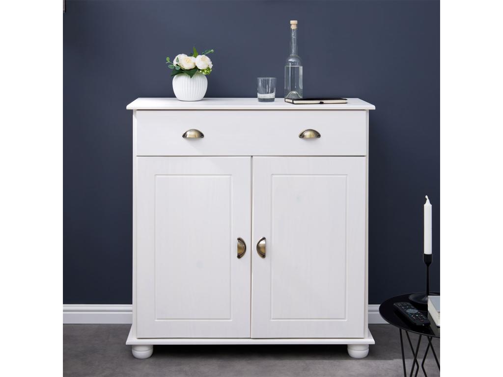 Buffet Zensova commode bahut vaisselier meuble bas rangement avec 1 tiroir et 2 portes en pin massif lasuré blanc TFBQ66308