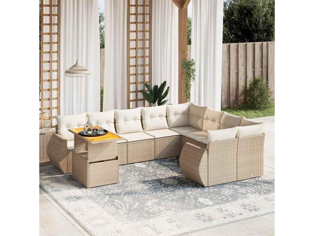 Salon de jardin avec coussins 10 pcs beige résine tressée VJMW53858