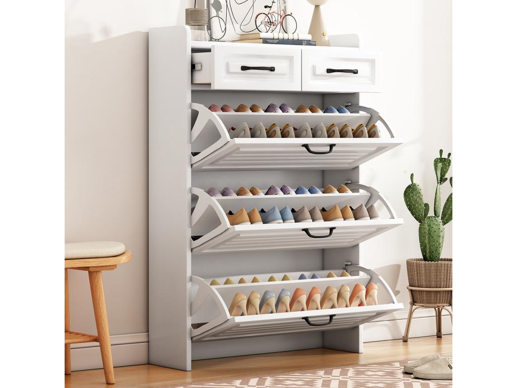 Commode à chaussures 3 grands abattants et 2 tiroirs - Poignées en métal - Coloris blanc - 80x23.5x120 cm YZTB87501