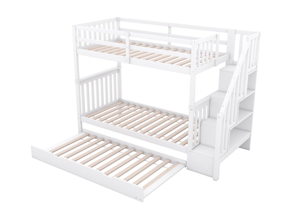 Lit superposé pour enfants cadre escalier avec lit gigogne barrières hautes blanc 90x200 cm MXHN09153