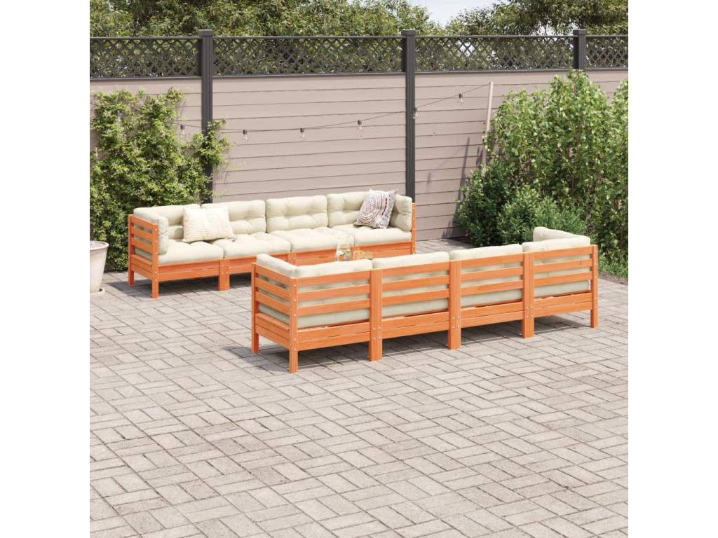 Salon de jardin 9 pcs avec coussins marron cire bois pin massif RMLQ23397