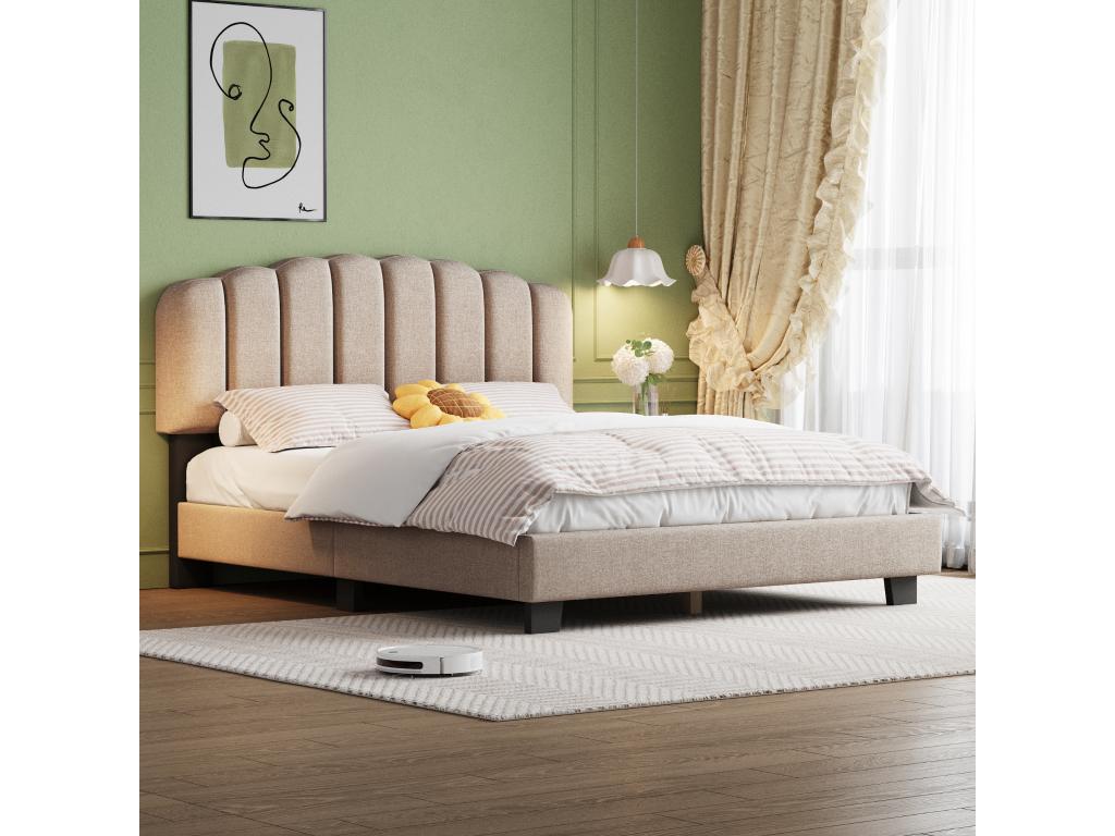 Lit capitonné 140x200 cm avec tête de lit réglable - Zensova en lin - Design coutures verticales - Beige foncé sans matelas FVJL49979