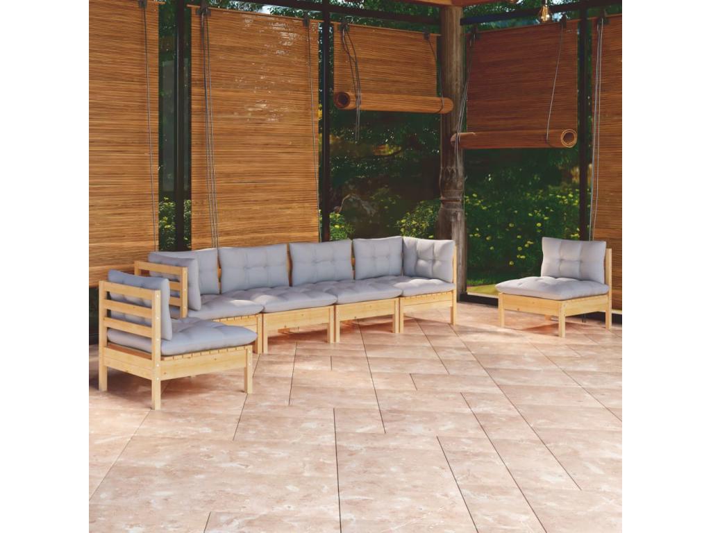 Salon de jardin 6 pièces avec coussins gris bois de pin massif SGDO40874