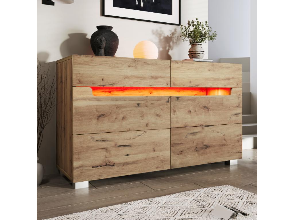 Commode avec 6 tiroirs - 120x40x71 cm - LEDs - Panneau de particules - pour salon chambre - Chêne ICFM41960