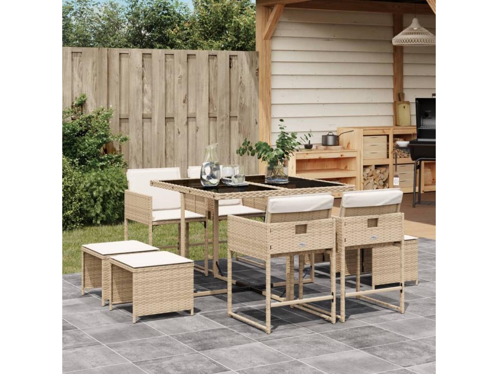 Ensemble à manger de jardin et coussins 9 pièces beige Poly rotin KEQG92994