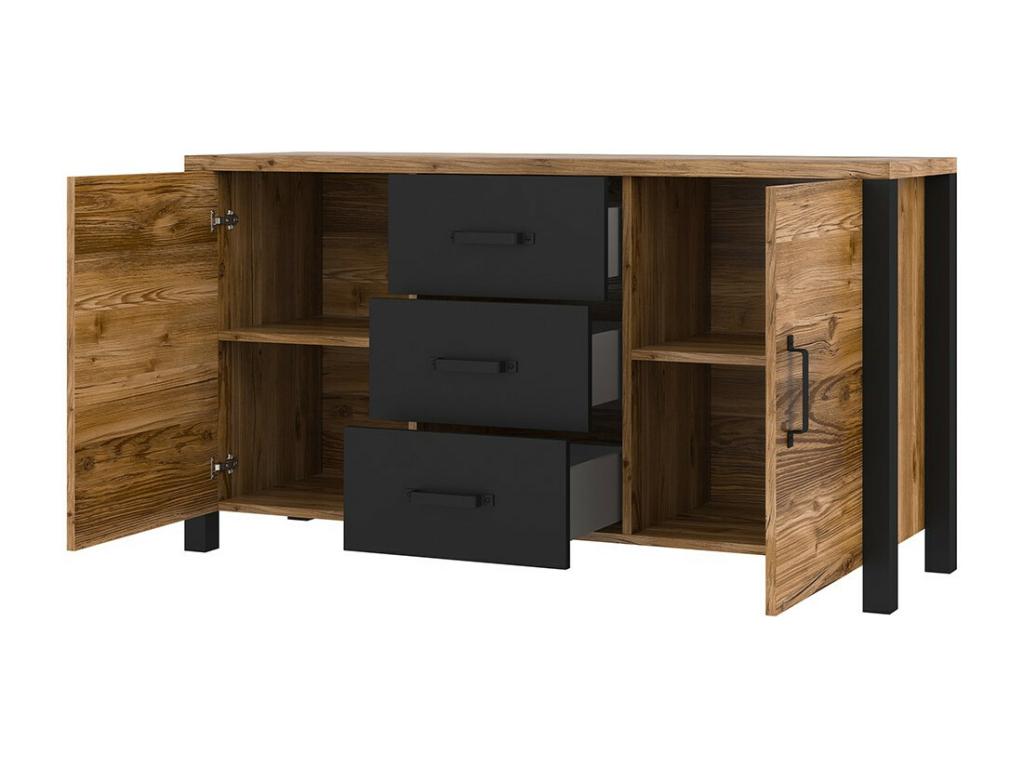 Buffet 150cm collection Lumenao- Couleur épicéa et noir- 2 portes et 3 tiroirs RBWP73862