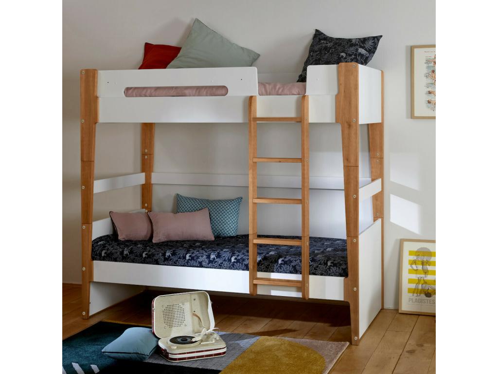 Pack lit superposé avec matelas 90x190 cm bois massif blanc et bois Zensova TOYE11316