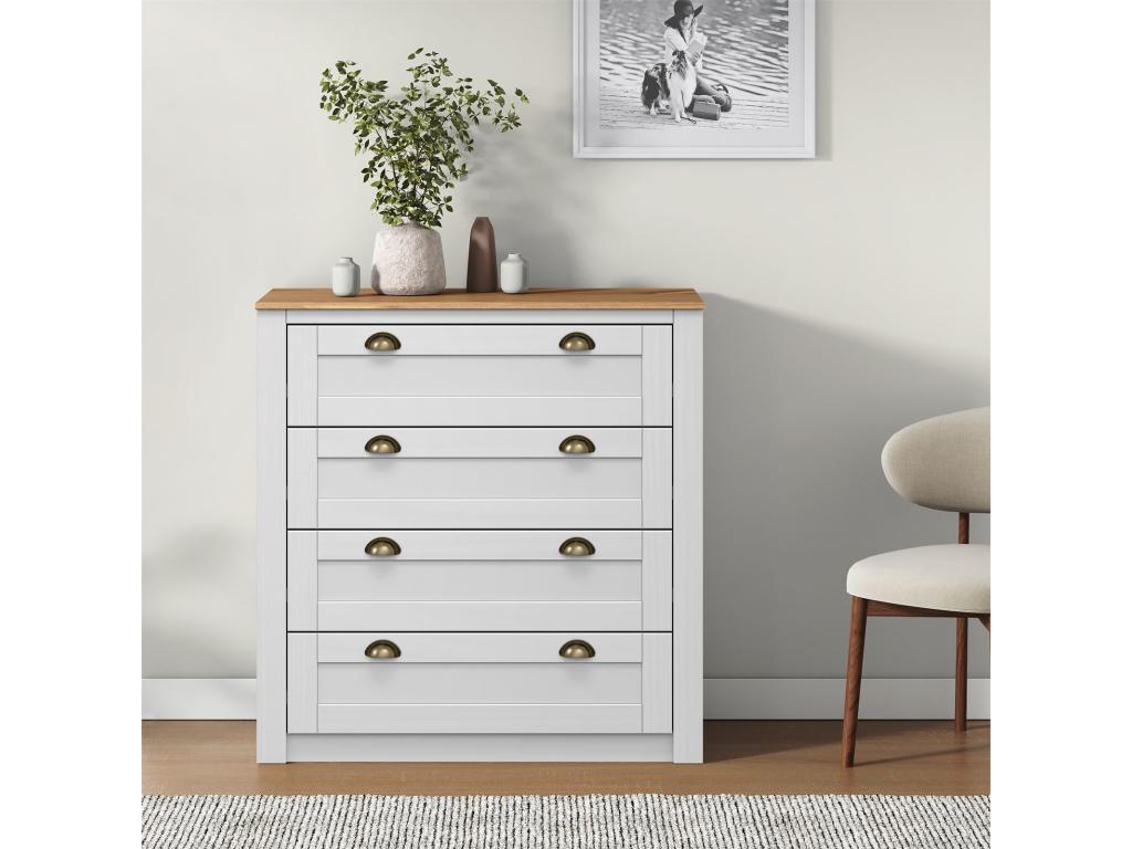Commode chambre Lumenao L 91 cm en bois massif lasuré blanc et brun avec 4 grands tiroirs et poignées style campagne NIHZ64091