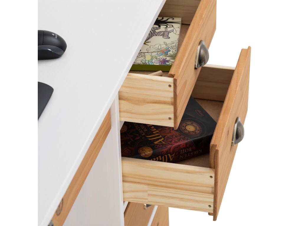 Bureau Zensova rangement avec 5 tiroirs et plateau avec corniche en pin massif lasuré blanc et brun GWZG65527