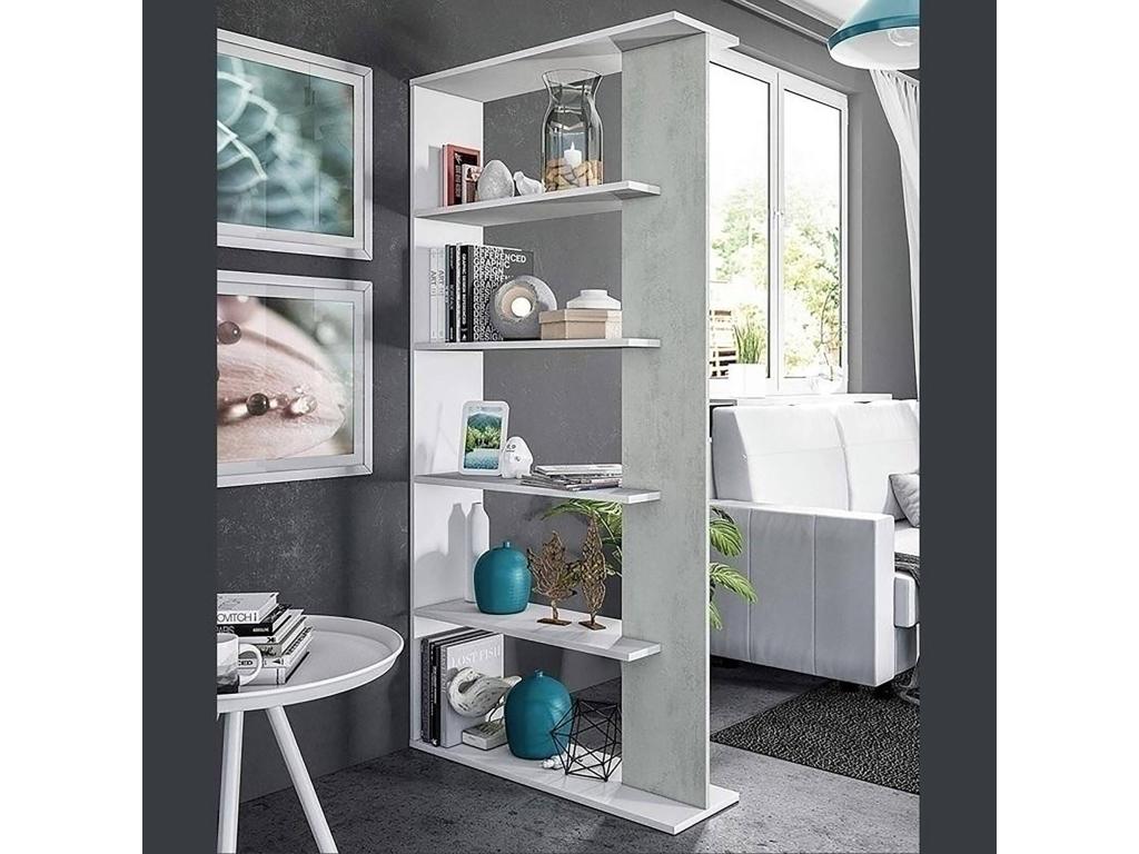 Bibliothèque Zensova Bibliothèque double face avec 5 étagères Etagère de séparation pour bureau ou chambre 90x25h180 cm Blanc et Ciment TROR42777