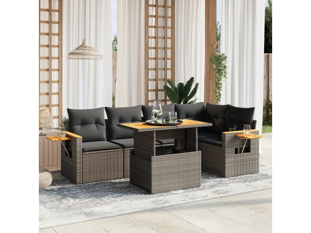 Salon de jardin 6 pcs avec coussins gris résine tressée QTFI79722