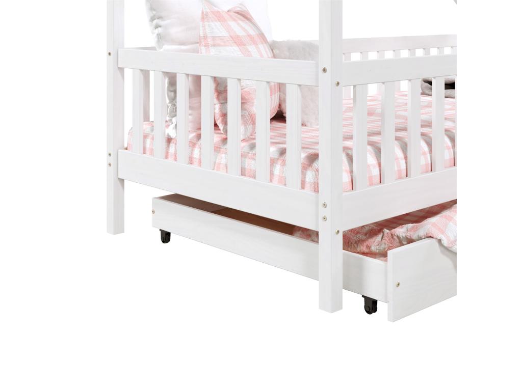Lit cabane Lumenao lit enfant simple asymétrique en bois 90x200 cm montessori avec rangement 2 tiroirs en pin massif lasuré blanc XYUA30889