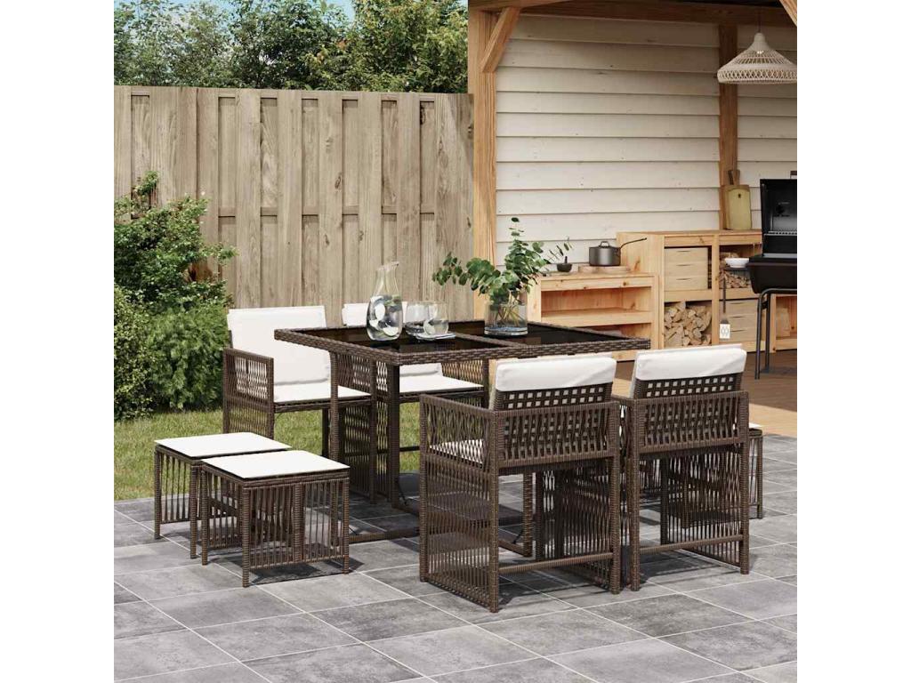 Ensemble à manger de jardin et coussins 9 pièces marron poly rotin ADKK76571