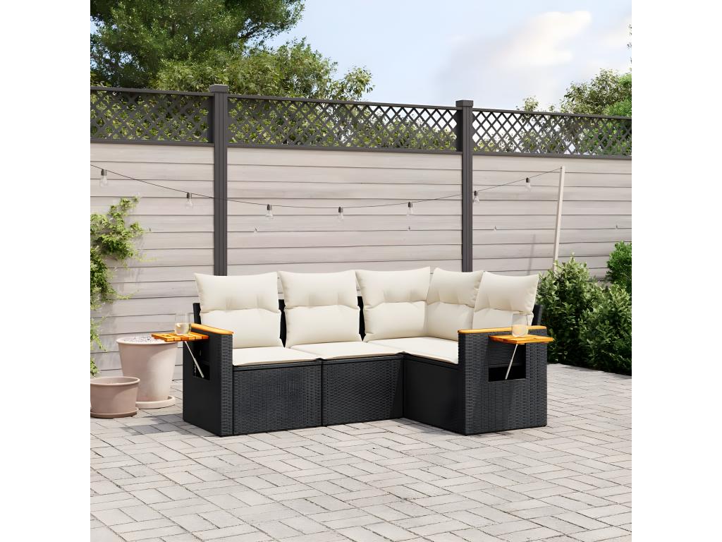 Salon de jardin 4 pcs avec coussins noir résine tressée IELB56699