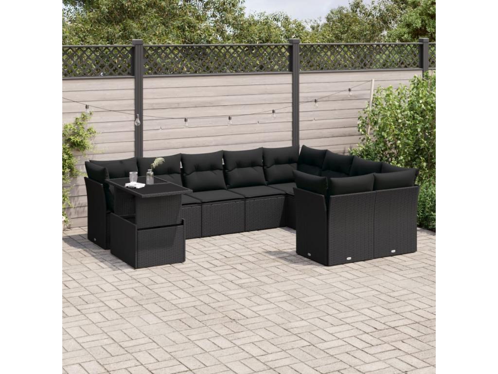 Salon de jardin 10 pcs avec coussins noir résine tressée RQGH09116