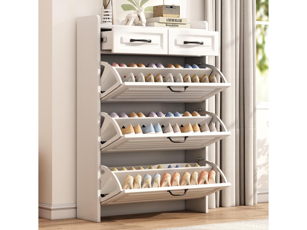 Commode à chaussures 3 grands abattants et 2 tiroirs - Poignées en métal - Coloris blanc - 80x23.5x120 cm YZTB87501