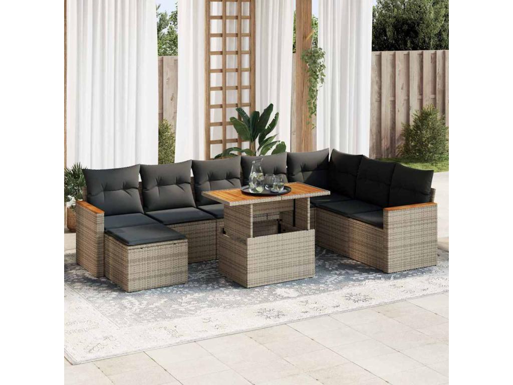 Salon de jardin avec coussins 9 pcs gris résine tressée Zensova YYAS72765