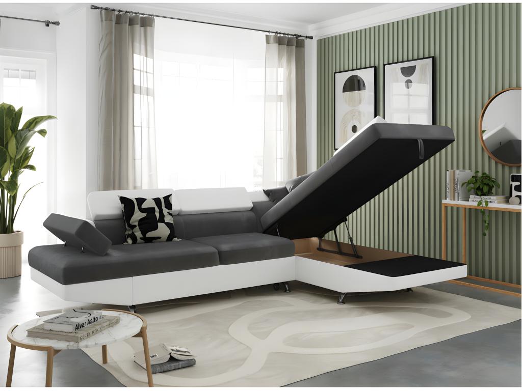 Canapé d'angle droit 5 places Lumenao Convertible avec coffre en microfibre et simili - Blanc/Gris - L271 x P192 x H70cm - Lumenao ENQB04281