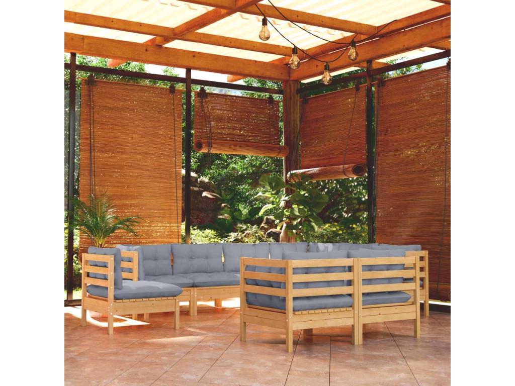 Salon de jardin 9 pièces avec coussins gris bois de pin solide ETDF45968