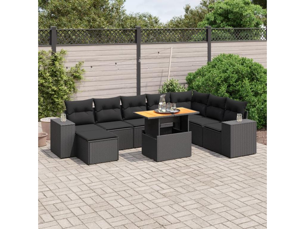 Salon de jardin 9 pièces avec coussins noir résine tressée OLMB25921