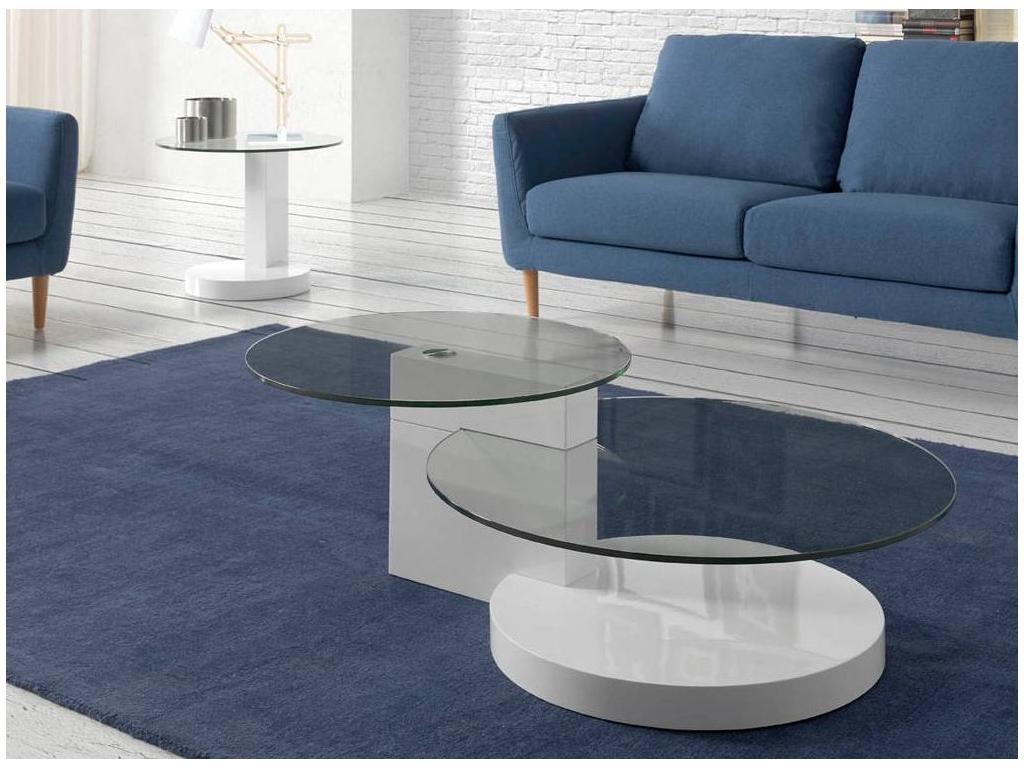 Table basse ronde plateau verre trempé et pieds bois laqué blanc Zensova-Couleur Soufre TDTQ02321