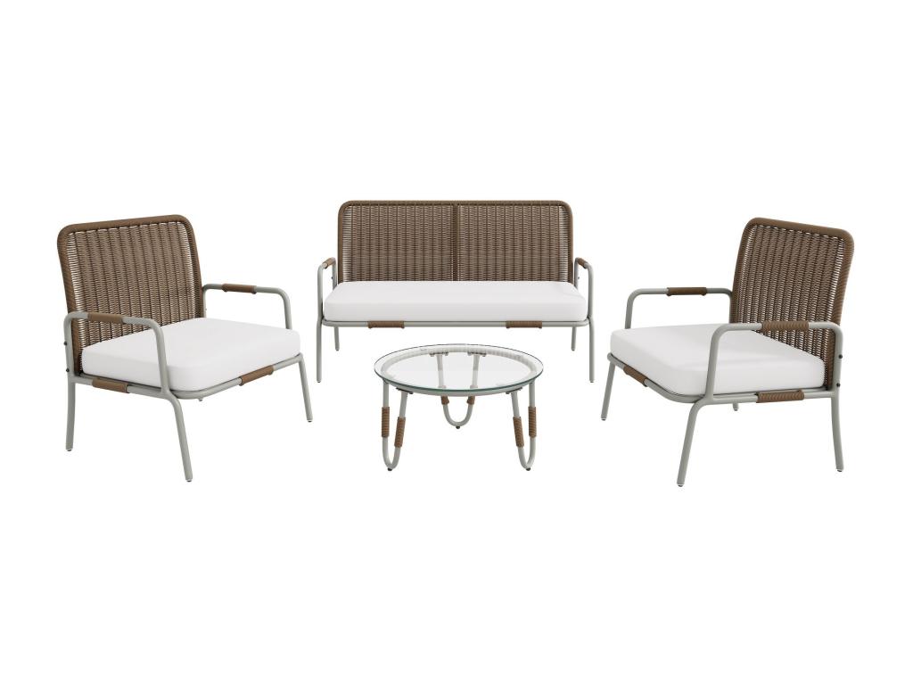 Ensemble de canapés de meubles de jardin pour 4 personnes avec fauteuils table basse et coussins beige blanc marron AEQI31678
