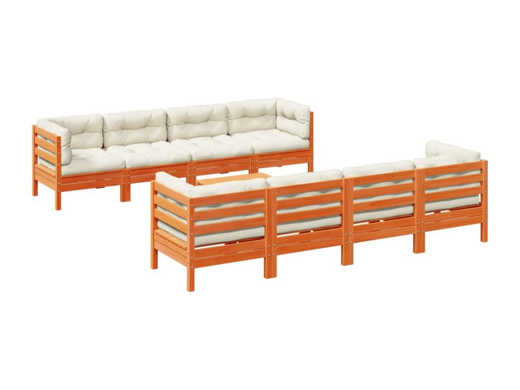 Salon de jardin 9 pcs avec coussins marron cire bois pin massif RMLQ23397