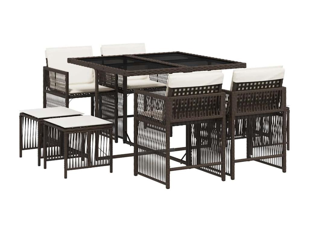 Ensemble à manger de jardin et coussins 9 pièces marron poly rotin ADKK76571