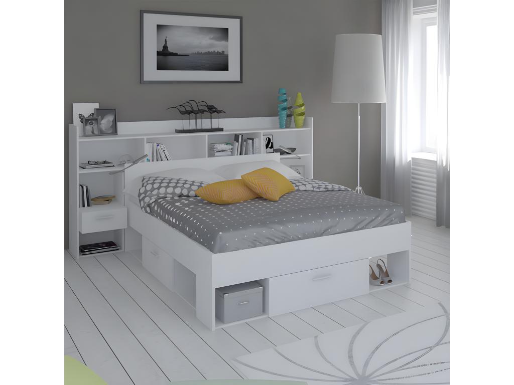 Lit 140x190/ 200 tête de lit avec rangements Blanc - Zensova MPIR58695