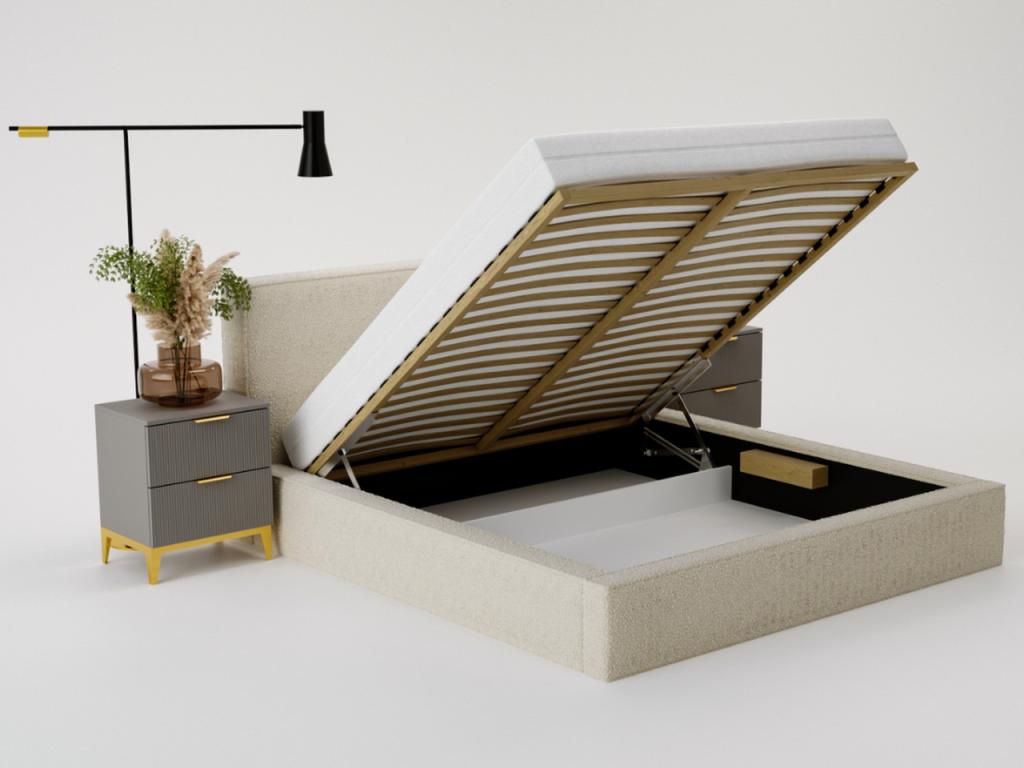 Lit rembourré avec rangement - 200x200 - lit double - bouclé - gris - Lumenao AXGX69667